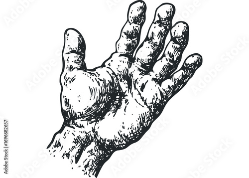 Hand reaching out, sketched with textured lines on transparent background. Vector hand drawn illustration