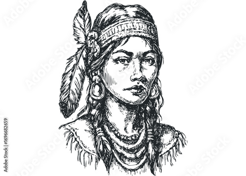 Hand drawn sketch of Native American woman with feather and beaded adornments. Vector hand drawn illustration