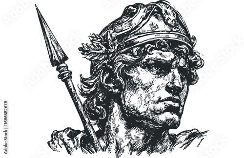 Roman Warrior Bust with Laurel Wreath and Spear. Vector hand drawn illustration