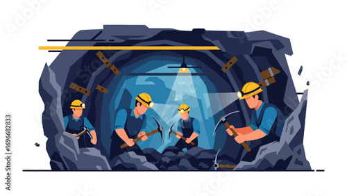 Beneath the Surface: Illustrative depicting a team of workers digging with tools in a dark mine, with a sense of industry and labor.