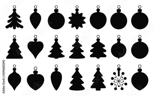 Vector art of collection of twentyone black silhouette christmas ornaments of various shapes, including trees, balls, hearts, snowflakes, and stars