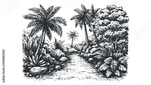 Hand drawn jungle path with palm trees and lush foliage on transparent background. Vector hand drawn illustration