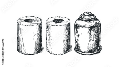 Pen and ink sketch of three cylindrical containers with open tops and one with a lid. Vector hand drawn illustration
