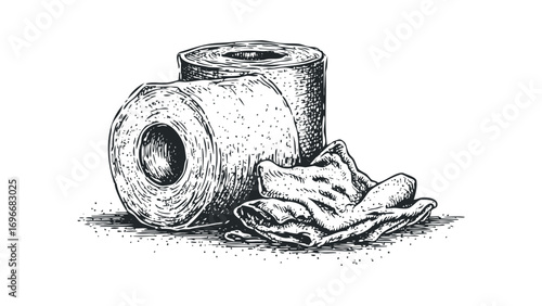Two rolls of toilet paper and a crumpled napkin in a sketchy pen and ink style. Vector hand drawn illustration