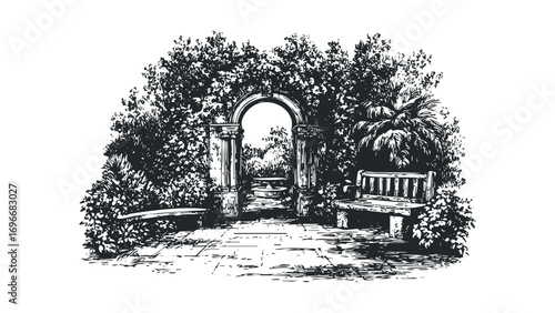Architectural garden archway with ornate stone pillars and leafy foliage. Vector hand drawn illustration