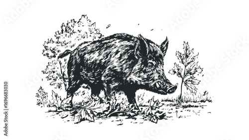 Wild boar walking through autumnal forest foliage on transparent. Vector hand drawn illustration