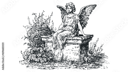 Sketch of an angel statue sitting on a pedestal surrounded by foliage. Vector hand drawn illustration