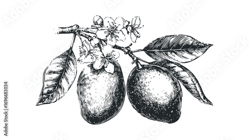 Black and white sketch of mangoes and blossoms on a branch. Vector hand drawn illustration