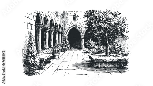 Pencil sketch of a serene courtyard with arches and a tree. Vector hand drawn illustration