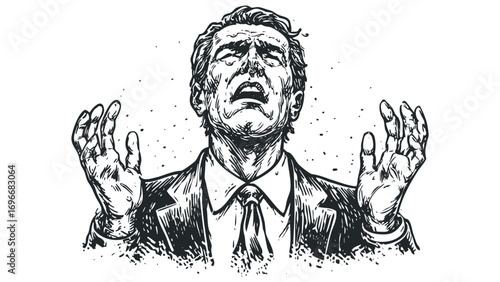 Man with hands raised in despair and eyes closed. Vector hand drawn illustration