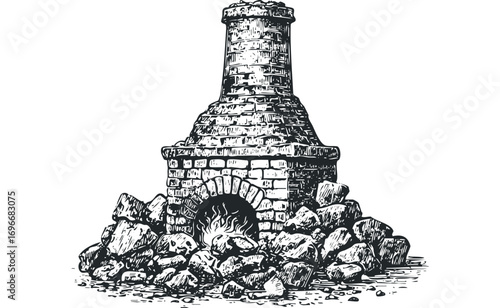 Vintage sketch of stone furnace with glowing fire on transparent background. Vector hand drawn illustration