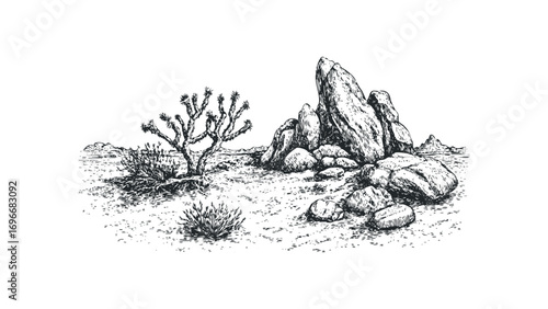 Joshua tree and rocky outcrop sketch on transparent background. Vector hand drawn illustration