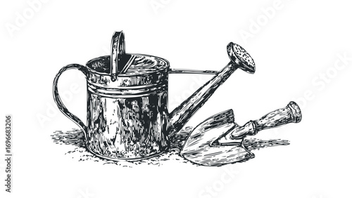 Sketch of vintage watering can and hand trowel on transparent background. Vector hand drawn illustration