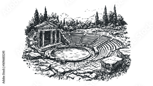 Hand drawn ancient amphitheater structure with stone seating and classical temple. Vector hand drawn illustration