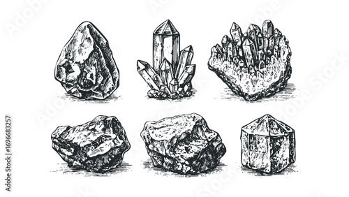 Collection of sketched mineral crystals and raw geological formations on a transparent background. Vector hand drawn illustration