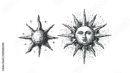 Two Hand Drawn Celestial Suns with Faces and Rays. Vector hand drawn illustration