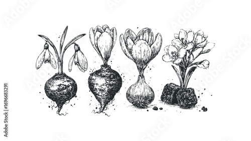 Spring flowering bulbs and plants arranged for propagation on transparent background. Vector hand drawn illustration