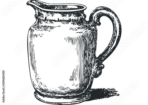 Etched sketch of a vintage pouring pitcher. Vector hand drawn illustration