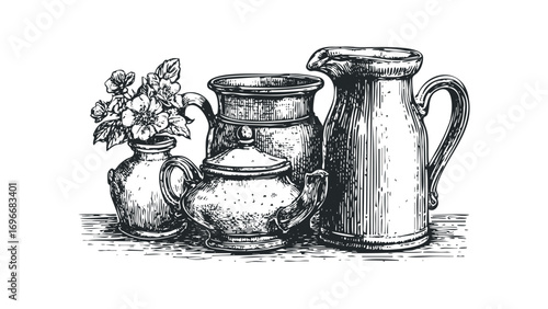 Still life arrangement of etched pitchers and vase with flowers. Vector hand drawn illustration