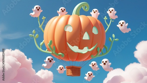 Kawaii pastel hot air balloon shaped like a pumpkin with tiny ghost passengers