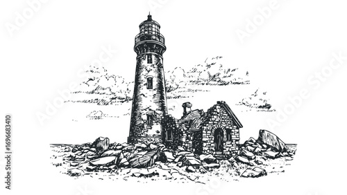 Sketch of a weathered stone lighthouse with adjacent ruined building and rocky terrain on transparent background. Vector hand drawn illustration