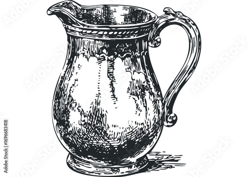 Engraved metallic pitcher on transparent background. Vector hand drawn illustration