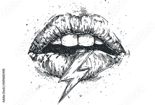 Detailed grunge style illustration of a lightning bolt through parted lips, on transparent background. Vector hand drawn illustration