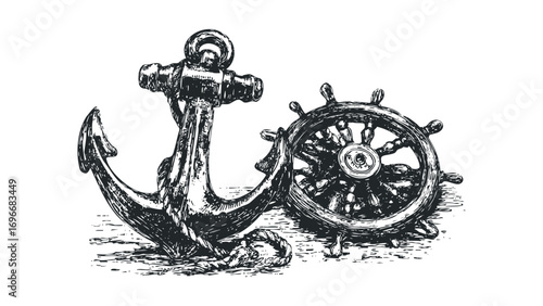 Nautical anchor and ship wheel graphic on white. Vector hand drawn illustration