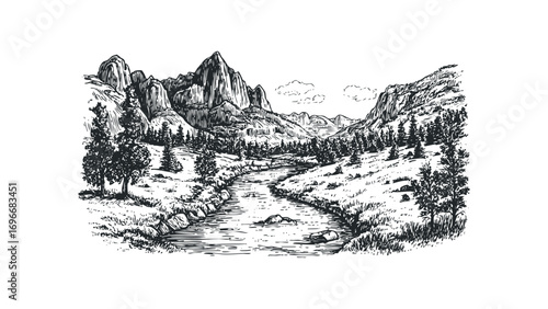 Hand drawn sketch of majestic mountains with a flowing river and trees. Vector hand drawn illustration