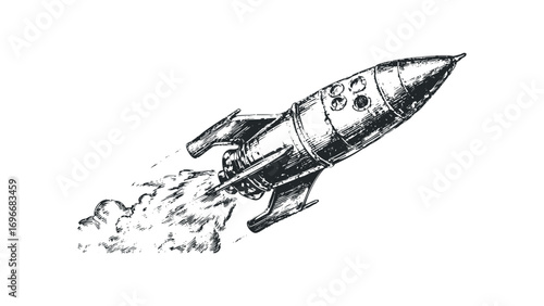 Sketchy rocket launching with smoke trail. Vector hand drawn illustration