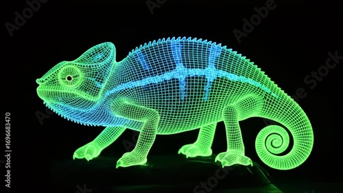 Glowing Digital Chameleon Wireframe. Futuristic green and blue neon reptile on black. Technology and nature concept.