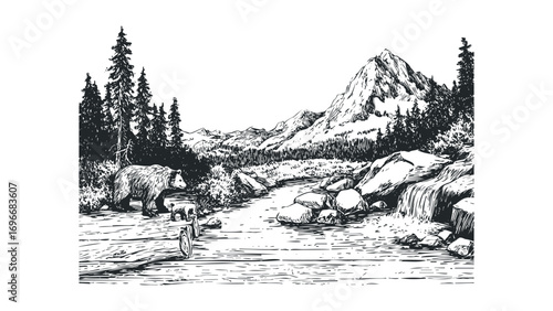 Woodland scene with bear and cub near river and mountains. Vector hand drawn illustration
