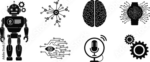 Artificial intelligence icons, robotics, neural network, brain, wearable tech, computer vision, voice recognition, automation, AI technology, machine learning, innovation