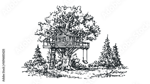 Pen and ink drawing of a treehouse with a swing on a transparent background. Vector hand drawn illustration