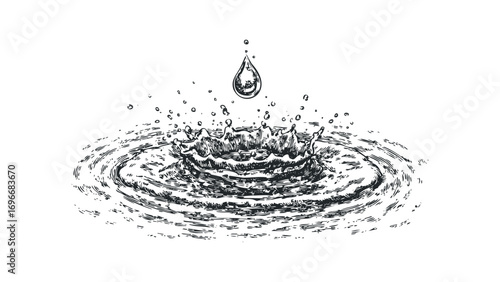 Water droplet causing ripple effect on transparent background. Vector hand drawn illustration