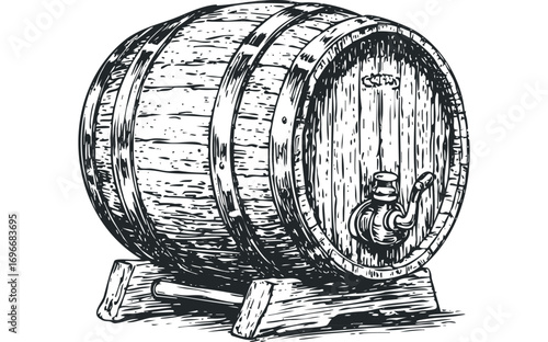 Wooden barrel with tap on stand image. Vector hand drawn illustration