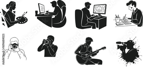 Creative profession silhouettes, painting, digital art, photography, music performance, videography, graphic design, writing, filmmaking, artistic hobbies, media production, creative work