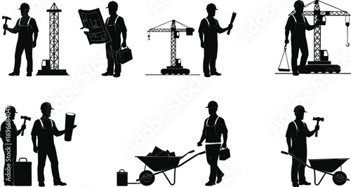 Construction worker silhouettes, building site teamwork, crane and scaffolding, blueprint planning, wheelbarrow transport, industrial labor, engineering project, heavy equipment, safety gear, teamwork