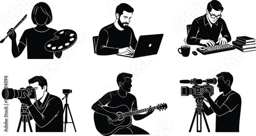 Creative profession silhouettes, painting, laptop work, writing, photography, guitar playing, videography, artistic hobbies, media production, music performance, office work