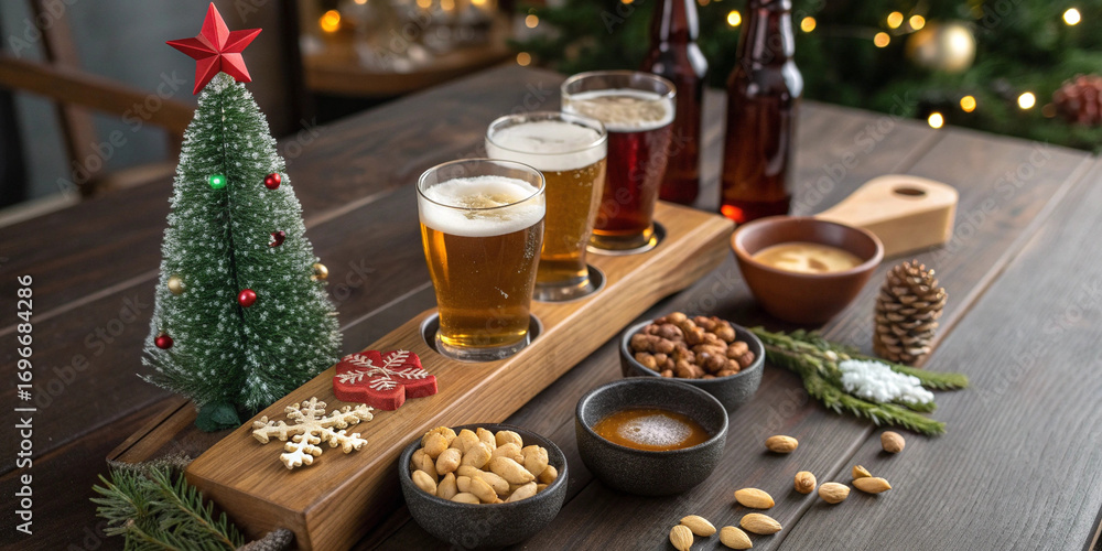 Fototapeta premium Wooden serving tray displaying flight of various beers with bowls of nuts and decorated miniature Christmas tree creating festive holiday atmosphere on rustic table.