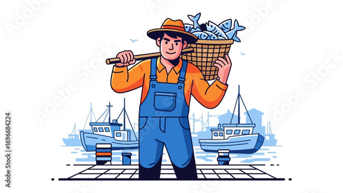 Fisherman with a full basket of fish on dock: A skilled fisherman, shouldering a heavy basket brimming with freshly caught fish, smiles contentedly on the dock as sailboats in the background.