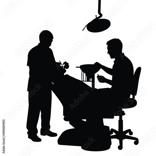 Dentist and assistant silhouette in dental operatory with equipment Keywords: dentist, dental