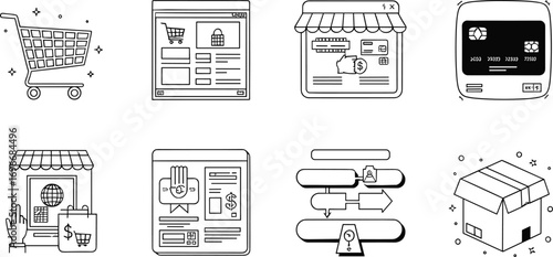 E‑commerce icons, online shopping, payment methods, secure transactions, product delivery, global store, shopping cart, credit card, website interface, retail concept