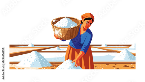 Woman Harvesting Salt: A diligent woman, adorned in rustic attire, meticulously gathers and sorts salt, embodying the age-old practice of salt harvesting in this captivating illustration. 