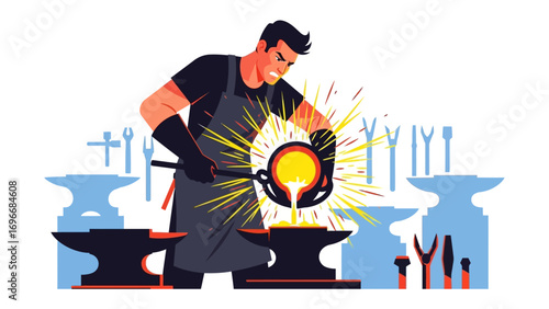 Forge Master at Work: A strong artisan, with focused precision, pours molten metal from a crucible onto an anvil, embodying skill, tradition, and industry, captured in a vibrant vector illustration.