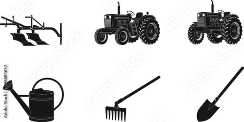 Farming tools silhouettes, tractor, plow, watering can, rake, shovel, agricultural equipment, gardening tools, rural work, cultivation, agriculture, farm machinery