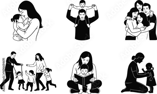 Family bonding silhouettes, parent child love, caring moments, reading together, playing, hugging, teaching, parenting, affection, togetherness, happy family life