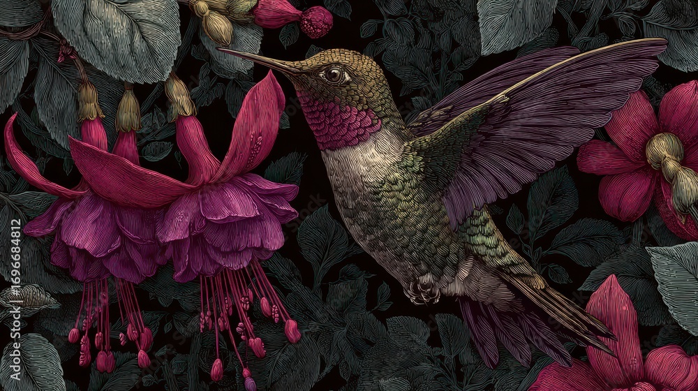 Fototapeta premium Hummingbird in Flight Feeding on Fuchsia Flowers.