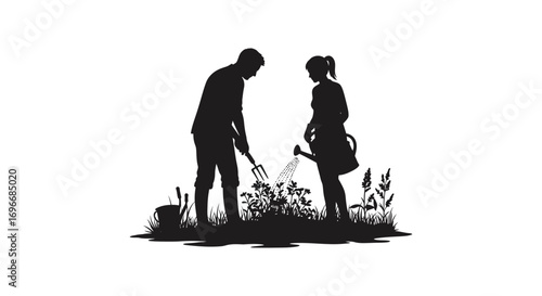 gardening couple working together in garden silhouette