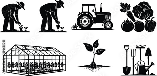 Gardening and farming vector, planting seedlings, tractor plowing, vegetable harvest, greenhouse plants, seedling growth, gardening tools, agriculture concept, horticulture, cultivation